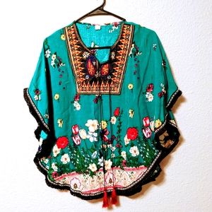 NEW Artisan Colorful Art Turquoise Cape Poncho Top Shawl Floral Embroidery One